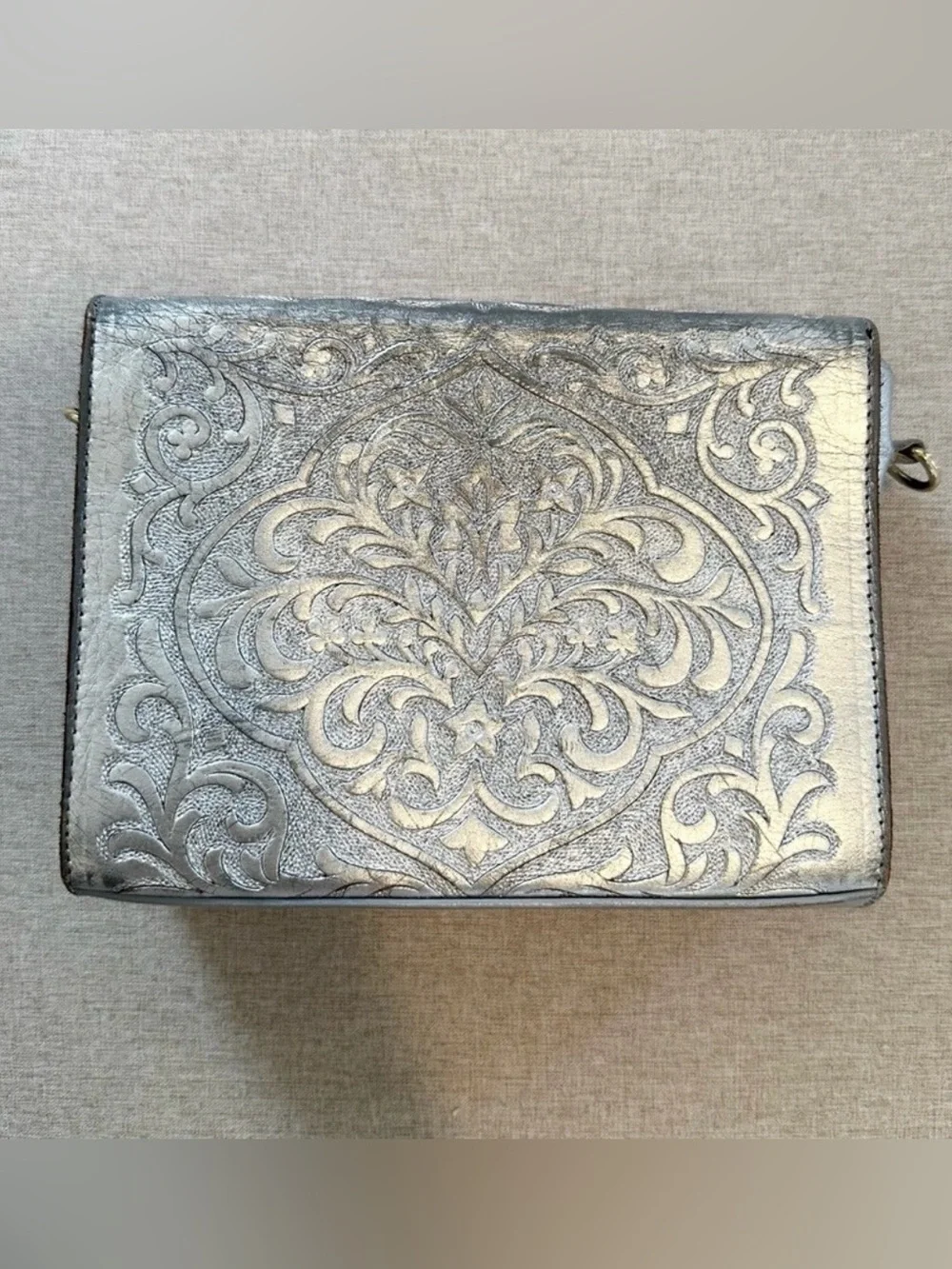 Carolina Crowley Chiseled Tooled Leather Silver Clutch Purse